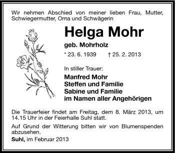 Traueranzeige von Helga Mohr von Südthüringer Presse