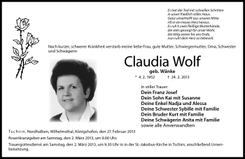 Traueranzeige von Claudia Wolf von Neue Presse Coburg