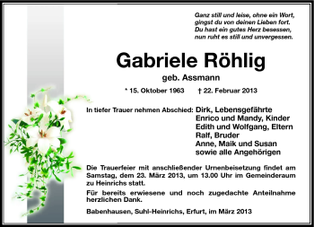 Traueranzeige von Gabriele Röhlig von Südthüringer Presse