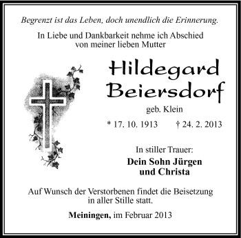 Traueranzeige von Hildegard Beiersdorf von Südthüringer Presse