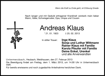 Traueranzeige von Andreas Klaus von Neue Presse Coburg
