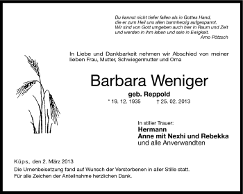 Traueranzeige von Barbara Weniger von Neue Presse Coburg