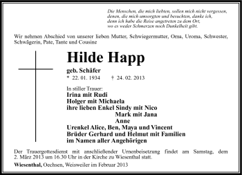 Traueranzeige von Hilde Happ von Südthüringer Presse