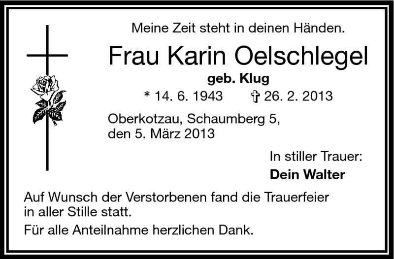  Traueranzeige für Karin Oelschlegel vom 05.03.2013 aus Frankenpost