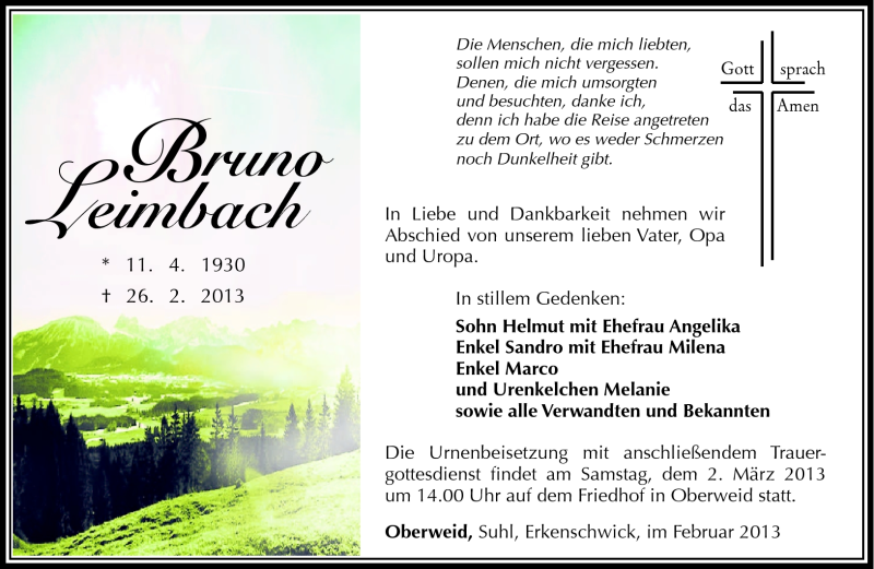  Traueranzeige für Bruno Leimbach vom 28.02.2013 aus Südthüringer Presse