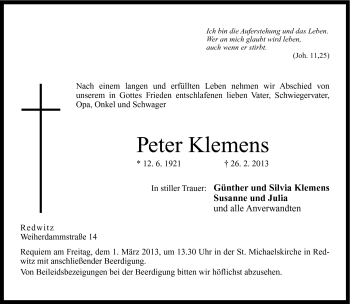Traueranzeige von Peter Klemens von Neue Presse Coburg