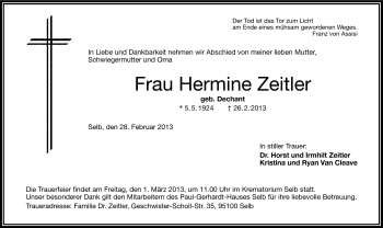 Traueranzeige von Hermine Zeitler von Frankenpost