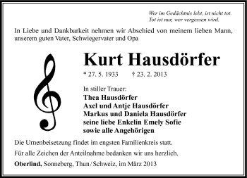 Traueranzeige von Kurt Hausdörfer von Südthüringer Presse