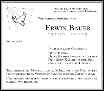 Traueranzeige von Erwin Bauer von Frankenpost