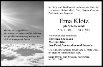 Traueranzeige von Erna Klotz von Südthüringer Presse