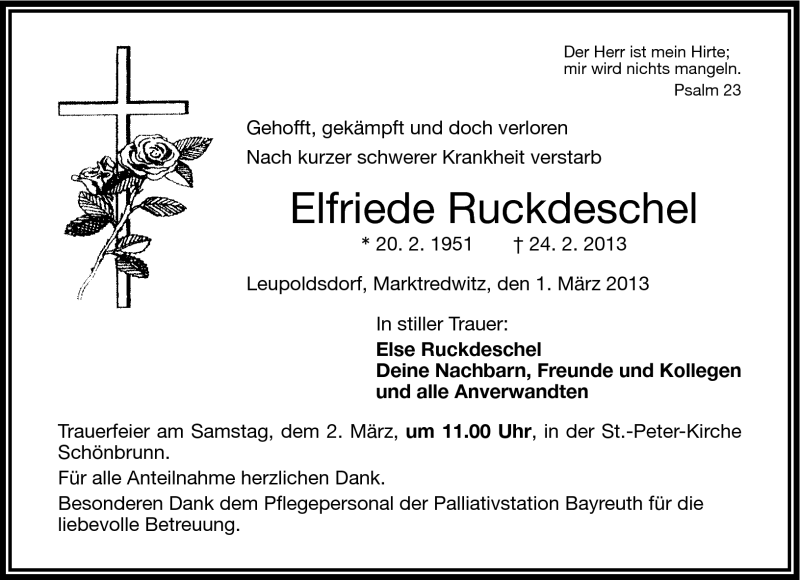  Traueranzeige für Elfriede Ruckdeschel vom 01.03.2013 aus Frankenpost