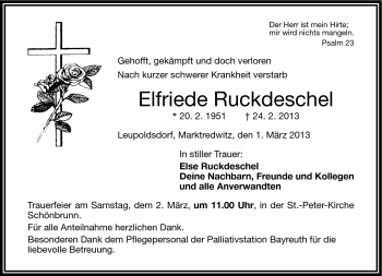 Traueranzeige von Elfriede Ruckdeschel von Frankenpost