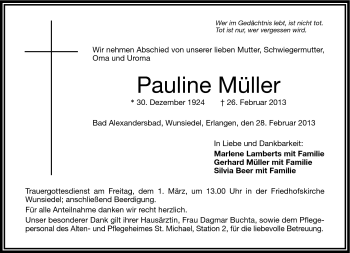 Traueranzeige von Pauline Müller von Frankenpost