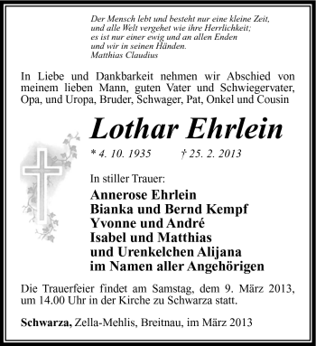 Traueranzeige von Lothar Ehrlein von Südthüringer Presse