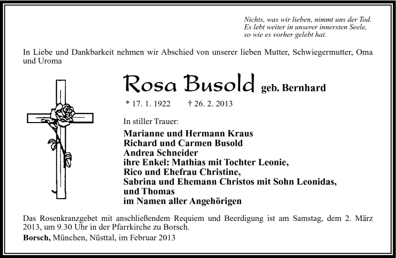 Traueranzeige für Rosa Busold vom 28.02.2013 aus Südthüringer Presse