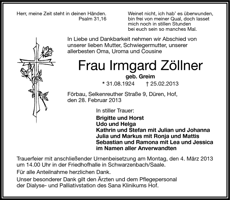  Traueranzeige für Irmgard Zöllner vom 28.02.2013 aus Frankenpost