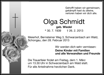 Traueranzeige von Olga Schmidt von Frankenpost