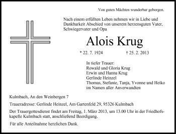 Traueranzeige von Alois Krug von Frankenpost