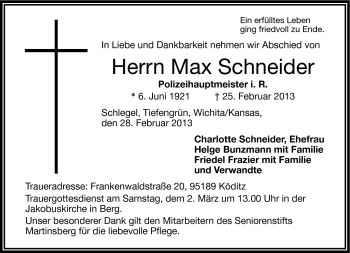 Traueranzeige von Max Schneider von Frankenpost