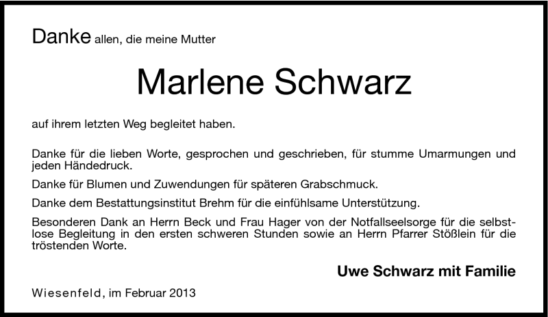  Traueranzeige für Marlene Schwarz vom 28.02.2013 aus Neue Presse Coburg