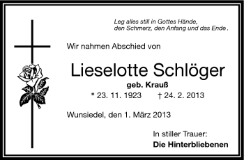 Traueranzeige von Lieselotte Schlöger von Frankenpost