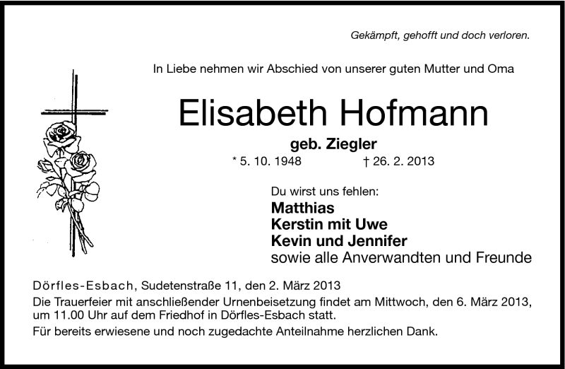  Traueranzeige für Elisabeth Hofmann vom 02.03.2013 aus Neue Presse Coburg
