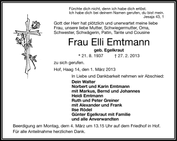 Traueranzeige von Elli Emtmann von Frankenpost