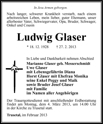 Traueranzeige von Ludwig Glaser von Südthüringer Presse
