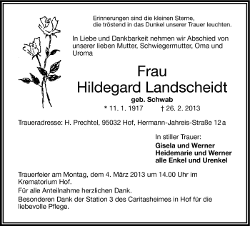 Traueranzeige von Hildegard Landscheidt von Frankenpost
