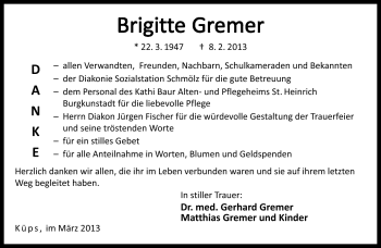 Traueranzeige von Brigitte Gremer von Neue Presse Coburg