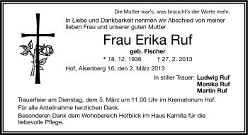 Traueranzeige von Erika Ruf von Frankenpost