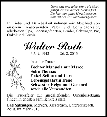 Traueranzeige von Walter Roth von Südthüringer Presse