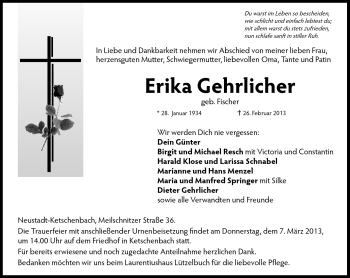 Traueranzeige von Erika Gehrlicher von Neue Presse Coburg
