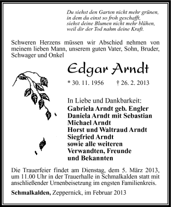 Traueranzeige von Edgar Arndt von Südthüringer Presse