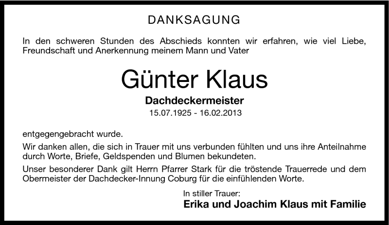  Traueranzeige für Günter Klaus vom 02.03.2013 aus Neue Presse Coburg