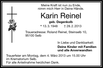 Traueranzeige von Karin Reinel von Frankenpost
