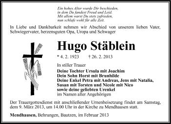 Traueranzeige von Hugo Stäblein von Südthüringer Presse