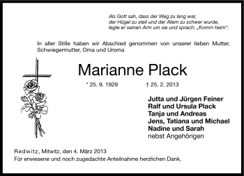 Traueranzeige von Marianne Plack von Neue Presse Coburg