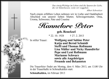 Traueranzeige von Hannelore Peter von Südthüringer Presse