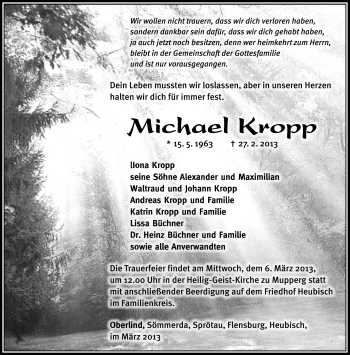 Traueranzeige von Michael Kropp von Südthüringer Presse