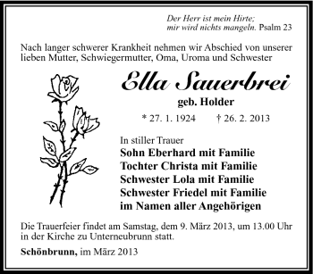 Traueranzeige von Ella Sauerbrei von Südthüringer Presse