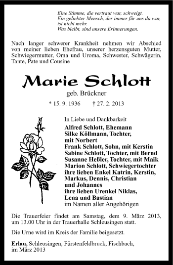 Traueranzeige von Marie Schlott von Südthüringer Presse