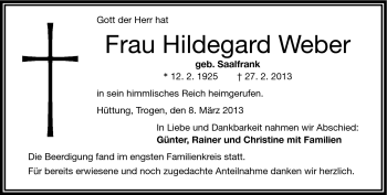 Traueranzeige von Hildegard Weber von Frankenpost