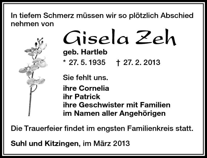  Traueranzeige für Gisela Zeh vom 02.03.2013 aus Südthüringer Presse