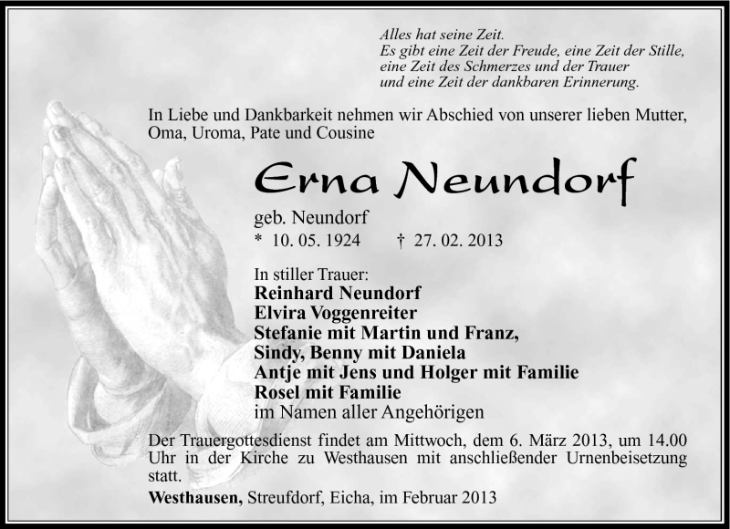  Traueranzeige für Erna Neundorf vom 02.03.2013 aus Südthüringer Presse