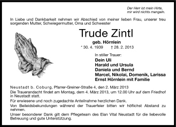 Traueranzeige von Zintl Trude von Neue Presse Coburg