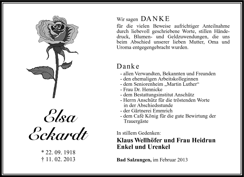 Traueranzeige für Elsa Eckardt vom 02.03.2013 aus Südthüringer Presse