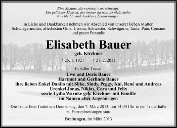 Traueranzeige von Elisabeth Bauer von Südthüringer Presse