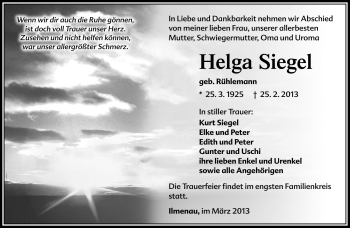Traueranzeige von Helga Siegel von Südthüringer Presse
