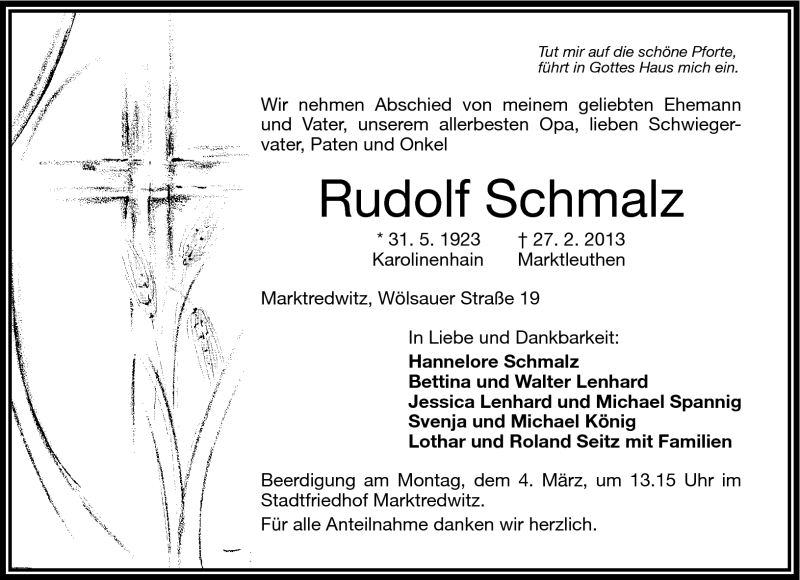  Traueranzeige für Rudolf Schmalz vom 02.03.2013 aus Frankenpost